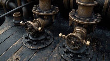 Two vintage fire valves designed for connecting fire hoses to combat maritime fires on a ship's deck.