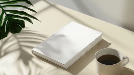 Minimalist white book mockup on a beige table with a cup of coffee and leafy shadow accents for creative presentations and design projects