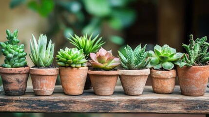 Fototapeta premium Diverse collection of decorative plants in terracotta pots displayed on a wooden shelf in a natural garden setting.