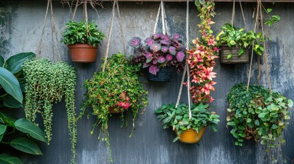 Assorted Hanging Plants in Decorative Pots Perfect for Home and Garden Aesthetics