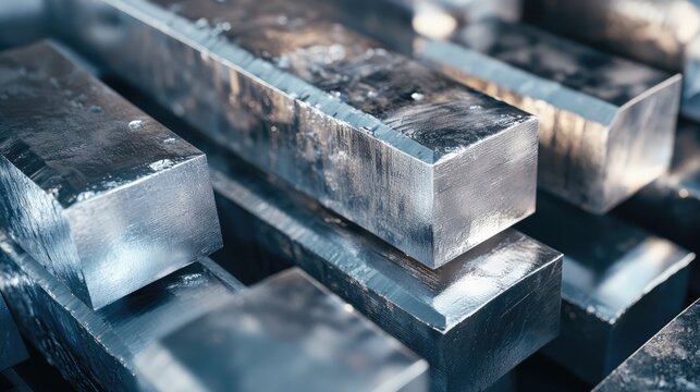 Aluminum billets stacked on a surface showcasing raw materials for heavy industry and trade in aluminum prices on the stock exchange.