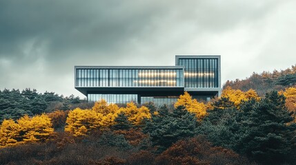 Modern architecture on a hill surrounded by vibrant autumn trees under a dramatic sky showcasing nature's harmony with design.