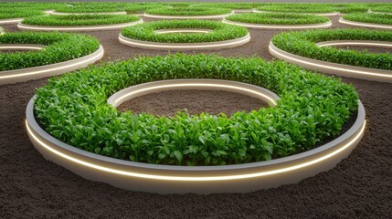 A serene garden featuring circular planters filled with lush greenery, illuminated softly for an inviting atmosphere.