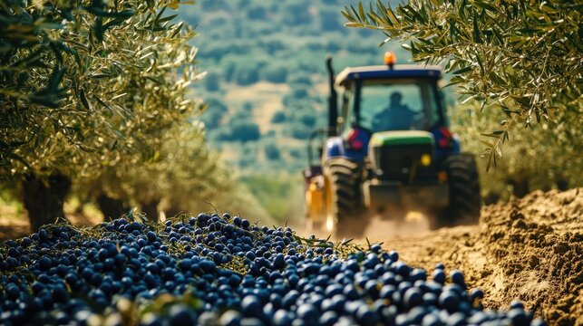 Tractor harvesting ripe black olives surrounded by lush trees on an agricultural farm during the fruitful harvest season