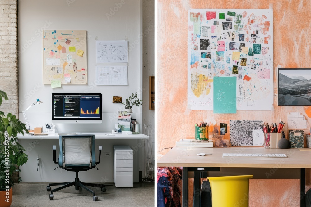 Aufkleber two contrasting workspaces showcase minimalist design: one with a clean desk, the other vibrant with