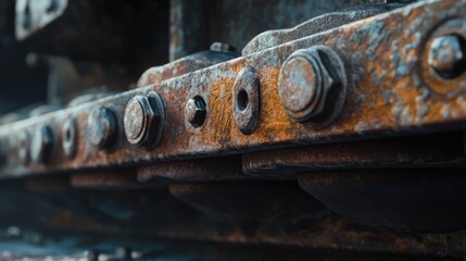 Fototapeta premium Rusty Track Crawler Mechanism Closeup Featuring Detailed Bolts and Industrial Components