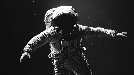 Fototapeta premium Astronaut floating in space against a dark background showcasing the vastness of the universe in a black and white design.