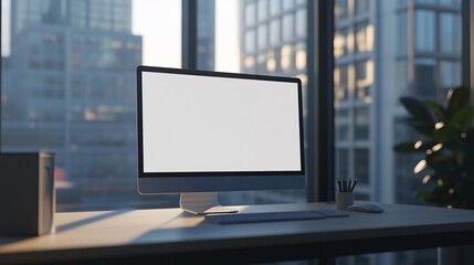 Fototapeta premium Modern Desktop Computer Screen In City Office Setting