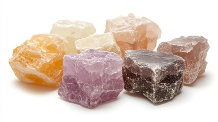 Fototapeta premium Colorful Turkish delight pieces arranged on a white background showcasing their unique textures and vibrant hues in close-up detail.