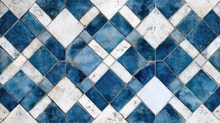Fototapeta premium Blue and white ceramic tile texture featuring a traditional geometric pattern of diamonds and squares for interior design projects