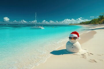 Sand Snowman on Tropical Beach with Catamaran