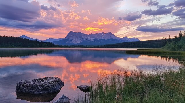 Breathtaking sunset reflection over serene lake with mountains in the background and vibrant cloudy sky