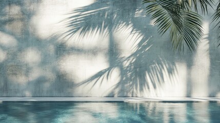 Tropical summer scene with palm leaf shadows on concrete wall and serene pool water perfect for luxury holiday resort imagery