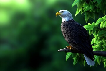 Obraz premium A vibrant 3D illustration of an eagle perched on a tree, its feathers reflecting sunlight and surrounded by lush greenery
