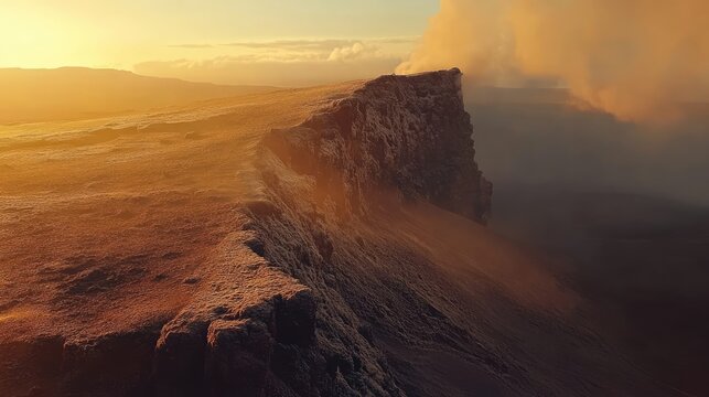 Dramatic sunset over Gerduberg Cliffs showcasing volcanic landscape with smoke and shadows in Iceland's stunning natural beauty