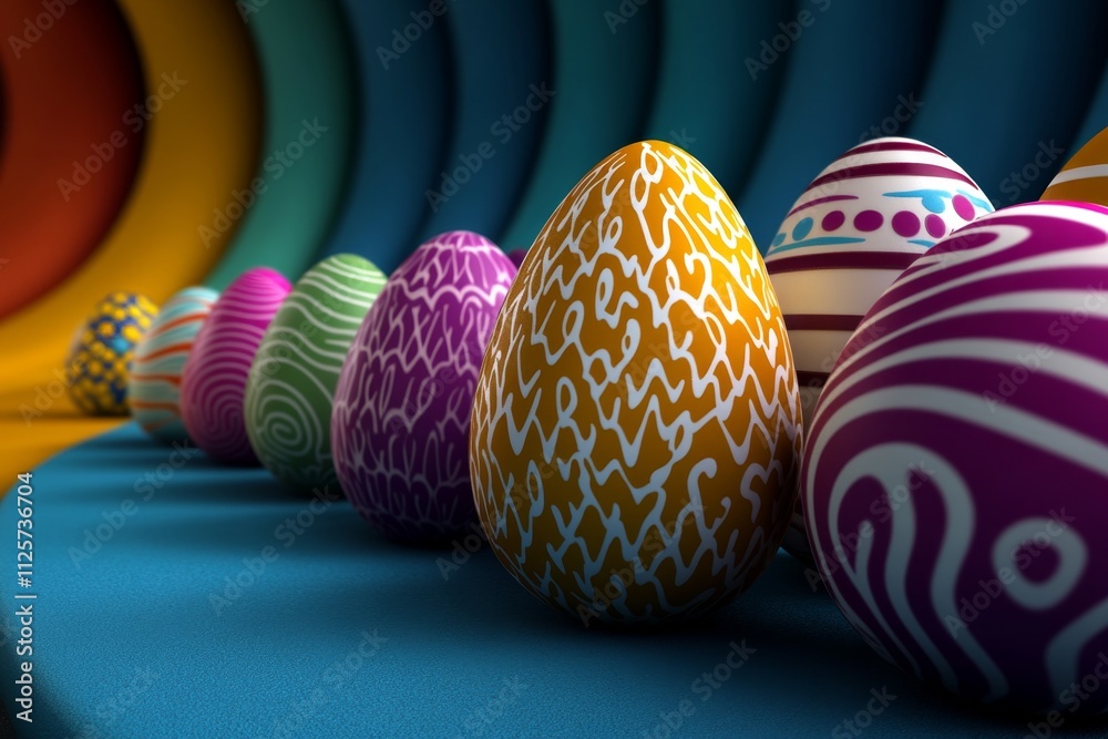 Poster A vibrant 3D rendering of colorful Easter eggs arranged in a spiral, with glowing patterns and reflections creating a dynamic visual effect