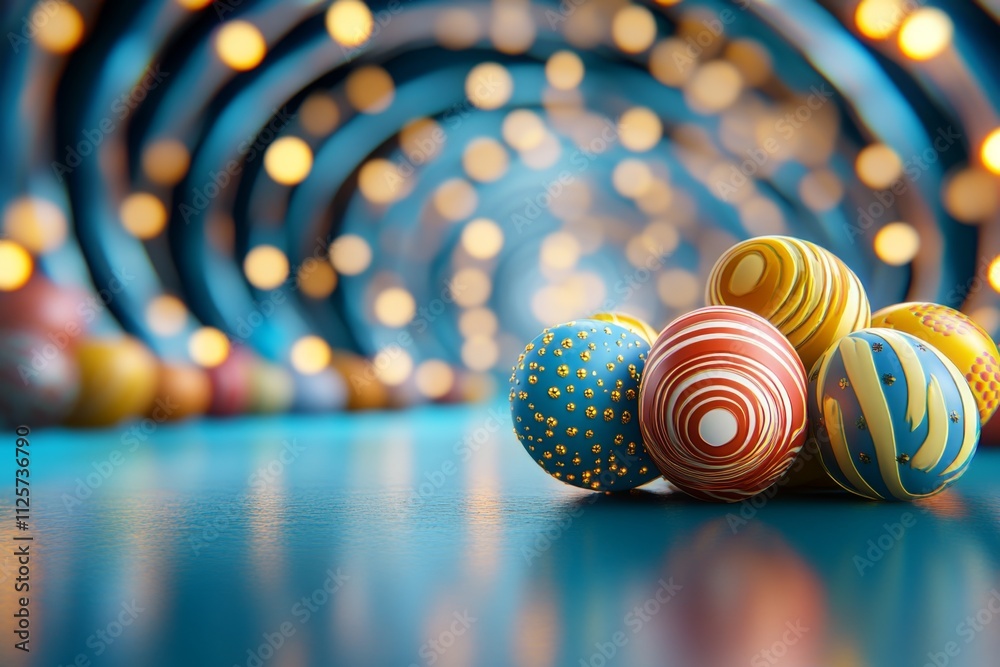 Poster A vibrant 3D rendering of colorful Easter eggs arranged in a spiral, with glowing patterns and reflections creating a dynamic visual effect