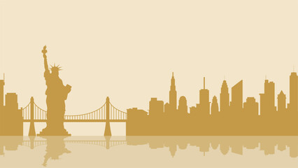 Cityscape illustration of new york city with Liberty statue and bridge