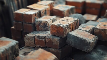 Close-up of weathered bricks stacked in a factory setting highlighting texture and industrial background for construction themes