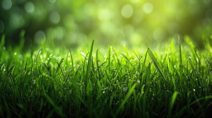 Fototapeta premium Lush green grass background with dewdrops creating a serene natural atmosphere and bokeh effect for nature-themed designs and presentations