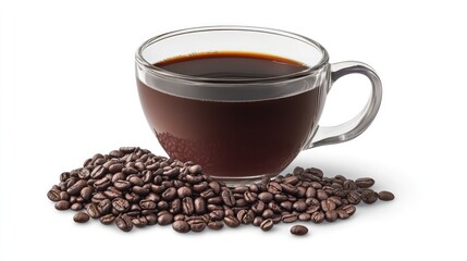 Fototapeta premium Black coffee in a clear cup with roasted coffee beans arranged on a white background showcasing rich flavors and aroma of coffee.