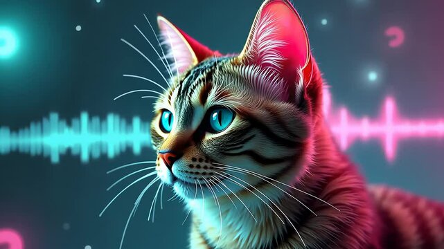 Curious cat observes vibrant sound waves with ears perked up