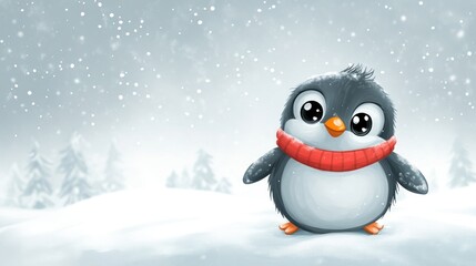 Fototapeta premium Adorable Penguin Wearing Red Scarf In Snowy Winter Scene
