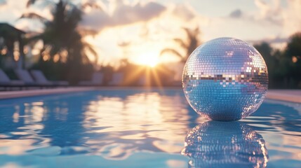 Elegant sunset reflection with disco ball in tranquil pool creating a festive atmosphere for outdoor weddings and events.