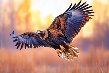 A vibrant image of an eagle flying above a cityscape, its powerful wings cutting through the sky