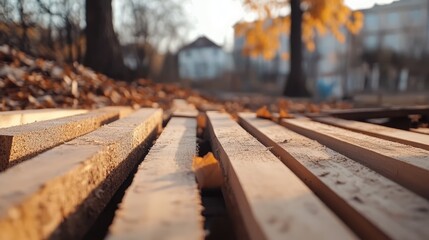 Close up of stacked wooden boards at a construction site in autumn showcasing natural textures and colors of raw wood materials.
