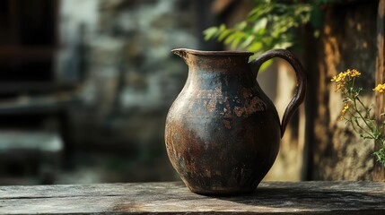 Traditional water pitcher on a wooden table in a rustic setting, showcasing weathered textures and natural lighting, highlighting rural lifestyle and cultural heritage, village, homeware.