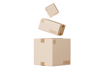 3D Parcel Cardboard box stack on air float flying icon. Logistics and Distribution shipment concept. Fast delivery at home. Order packaging tracking box isolated on transparent background. 3D render.