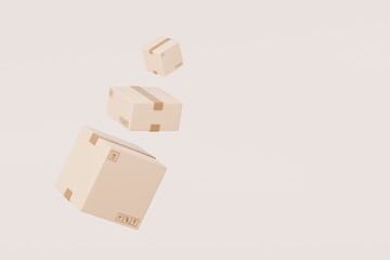 3D Parcel Cardboard box stack on air float flying icon. Logistics and Distribution shipment concept. Fast delivery at home. Order packaging tracking box isolated on transparent background. 3D render.