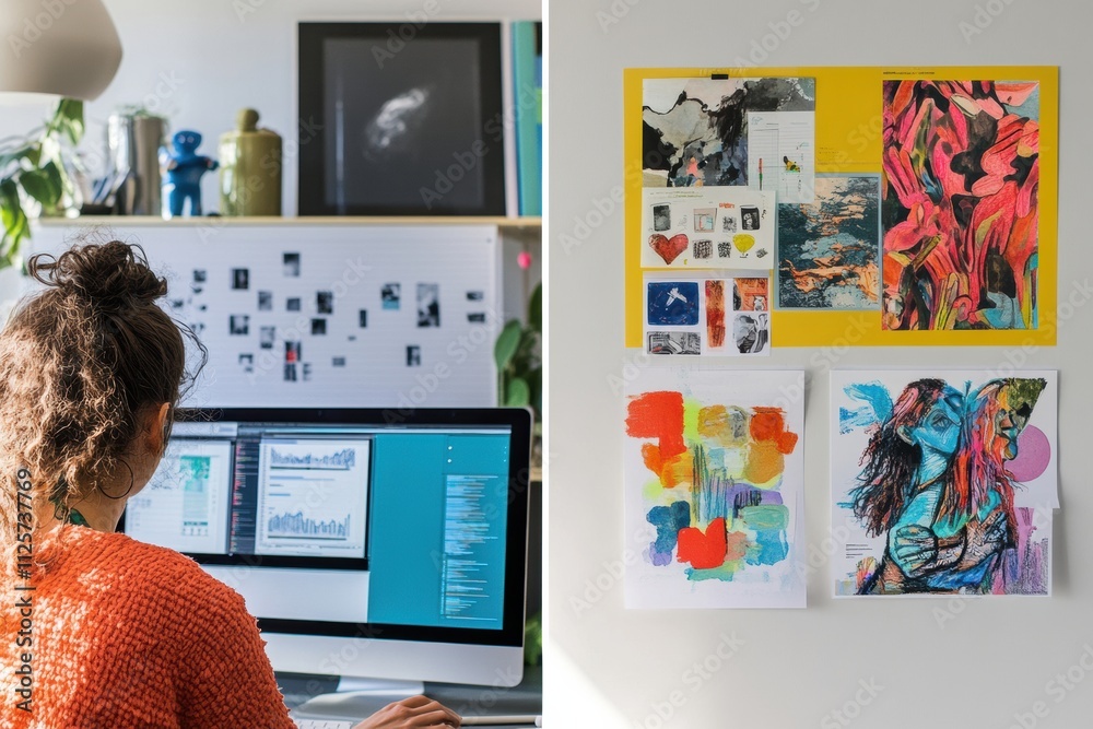Poster one side shows a person working at a minimalist desk with a computer. the other side features colorf
