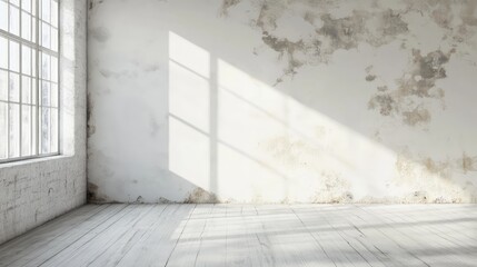 White painted interior wall with weathered texture and natural light casting soft shadows through large window, minimalist design, empty space, architecture, home decor.