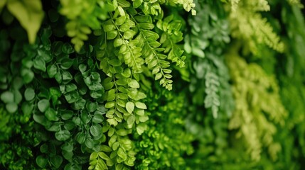 Artificial vertical garden wall featuring a variety of lush green leaves ideal for interior decoration and design backgrounds.