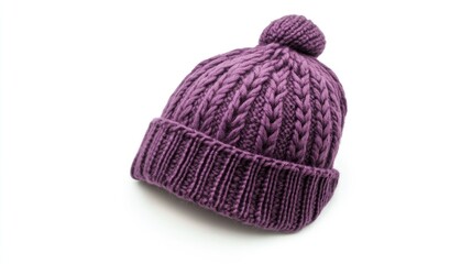 Knitted purple women's hat with pom pom detail isolated on clean white background showcasing cozy winter fashion accessory