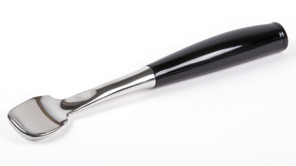 Sleek stainless steel vegetable peeler with a black handle isolated on a clean white background for kitchenware advertising or design purposes