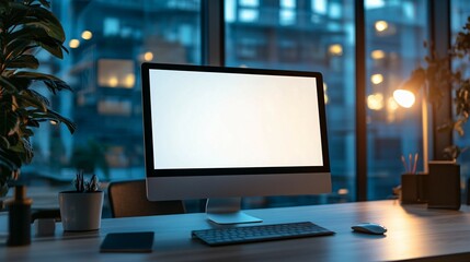 Fototapeta premium Modern Desktop Computer Setup Near Window At Night