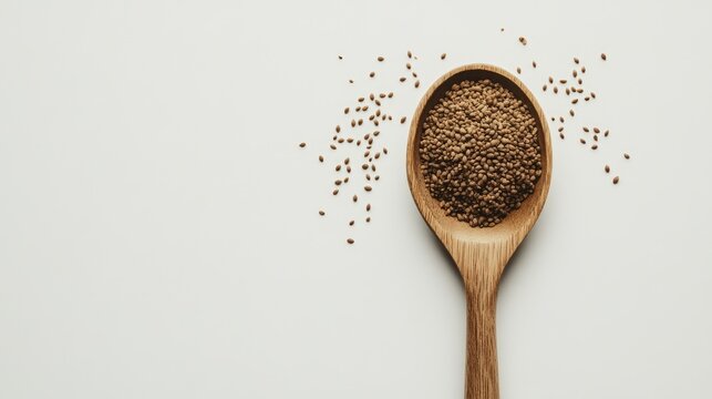 Wooden spoon filled with ground cumin seeds, surrounded by scattered seeds on a clean white background, cuisine, cooking, spices, earthy tones.