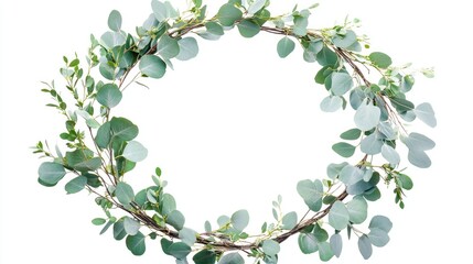 Eucalyptus wreath frame with green leaves and branches isolated on white background for floral design and decoration purposes