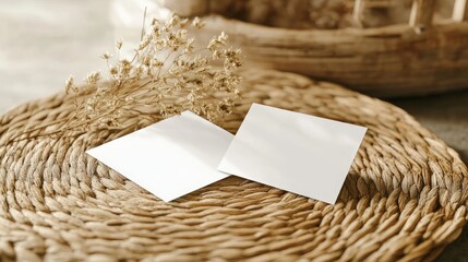 Minimalist business card mockup design on a woven mat showcasing two blank cards with dried flowers for elegant branding presentations.