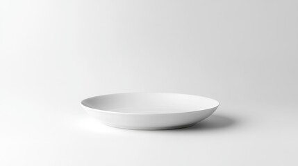 White ceramic plate in side view, placed on a clean, white background, emphasizing its smooth surface and subtle shadows, kitchenware, dining, minimalistic design.