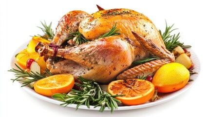 Roasted turkey with fresh herbs and citrus garnishes on a white plate isolated on a white background for festive culinary presentations