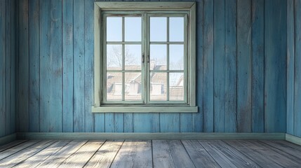 Serene Vintage Blue Wooden Interior with Window and Sunlight Streaming In