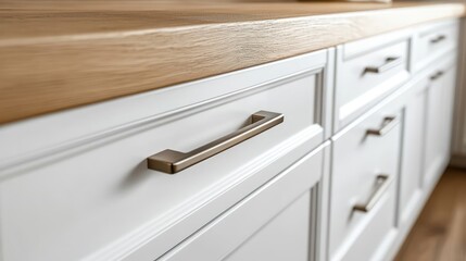 Modern white kitchen cabinets with metal handles and wooden countertop close-up enhancing contemporary interior design and functionality.