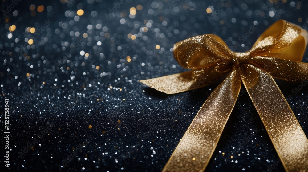 Aufkleber golden ribbon forms a beautiful bow on a shimmering surface, perfect for festive new year decor, lea