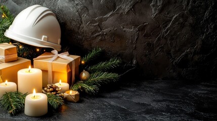 Construction hard hat, glowing white candles, and gift boxes adorned with fir branches and ornaments arranged on a textured black background, ideal for holiday greeting cards, construction themes, sea