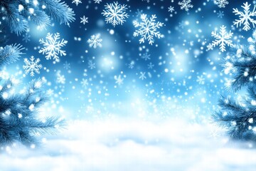 Winter Wonderland Background with Snowflakes and Pine Branches