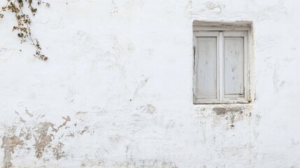 Textured white painted wall with a weathered wooden window frame, featuring subtle cracks and fading paint, minimalist design, architecture, rustic charm, urban, vintage.